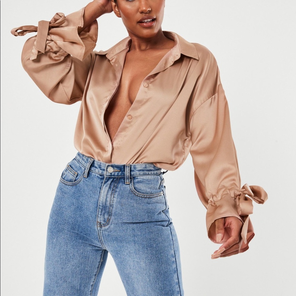 bronze tie sleeve extreme oversized satin shirt